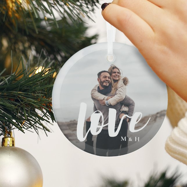 Love Script Overlay Personalised Couples Photo Glass Tree Decoration (Creator Uploaded)