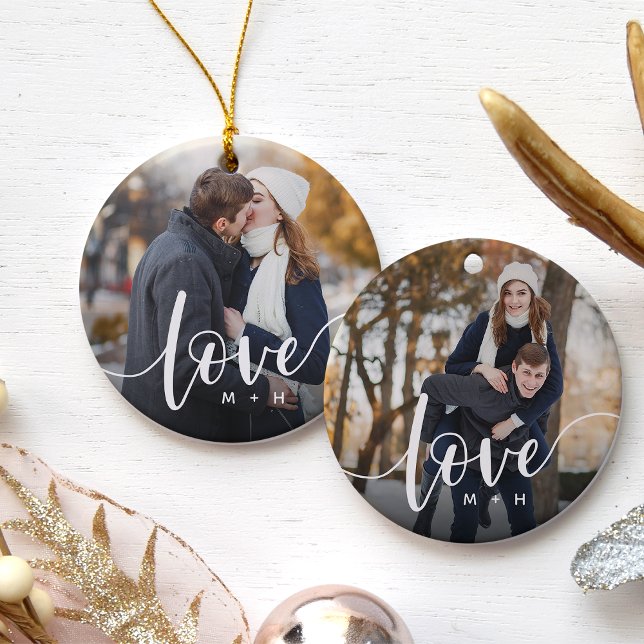 Love Script Overlay Photo & Initials Ceramic Tree Decoration (Creator Uploaded)