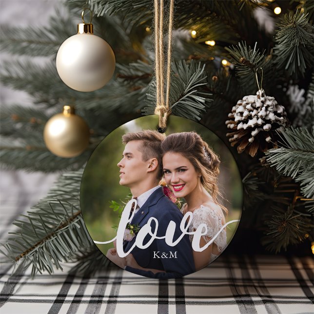 Love Script Overlay Photo & Initials Ceramic Tree Decoration (Creator Uploaded)