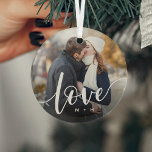 Love Script Overlay Photo & Initials Glass Tree Decoration<br><div class="desc">Create a sweet keepsake of your wedding,  honeymoon or special moment with this beautiful custom ornament. Add a favourite photo with "love" overlaid in modern white script lettering,  and your initials beneath.</div>