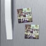 Love Script Overlay Photo Magnet<br><div class="desc">Share a favourite everyday,  engagement or wedding photo on our square magnets featuring "love" in modern white handwritten script along the bottom. Makes a unique wedding favour when paired with an engagement photo!</div>