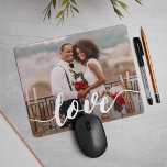 Love Script Overlay Photo Mouse Pad<br><div class="desc">Create a sweet keepsake of your engagement,  wedding,  or special moment with this cute photo mousepad. Add your favourite horizontal / landscape orientated photo with "love" overlaid in white handwritten style modern calligraphy lettering.</div>