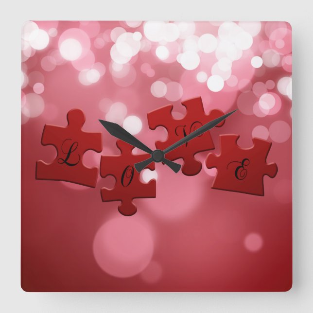 Love Script Puzzle Pieces Square Wall Clock (Front)