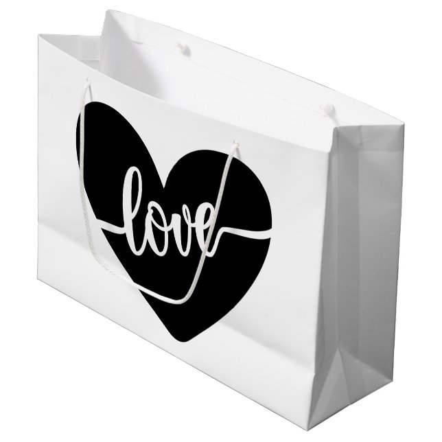Love Script Typography Black Heart Valentine's Large Gift Bag (Front Angled)
