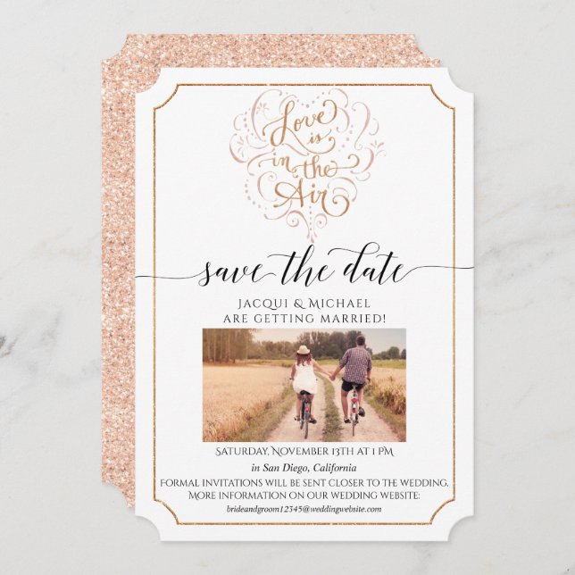 Love Script Typography Rose Gold Glitter Heart Invitation (Front/Back)