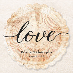 Love Script Wood Slice Rustic Wedding Custom Paper Coaster
