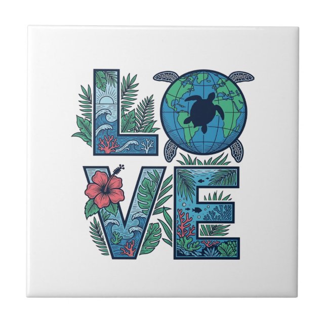 Love Sea Turtle Earth Tropical Tile (Front)
