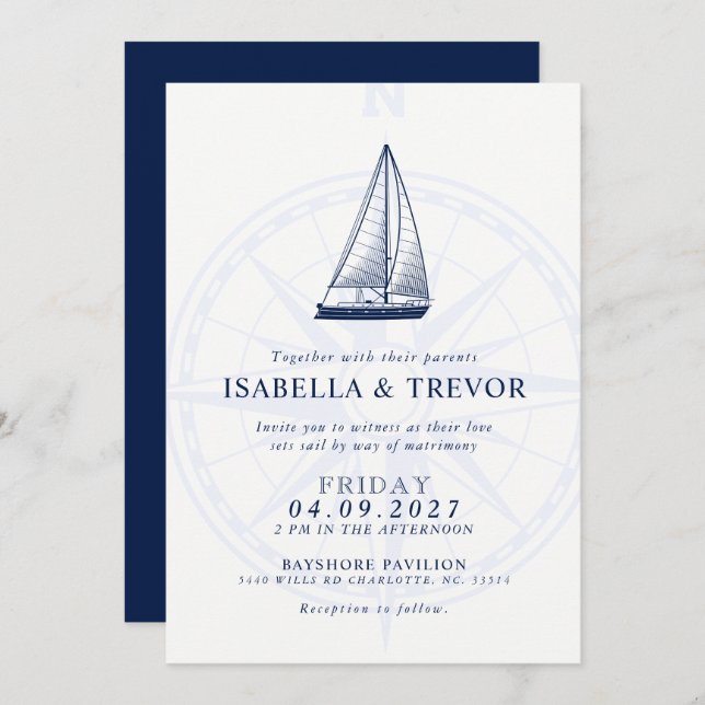Love Sets Sail | Nautical Wedding Solid Navy Invitation (Front/Back)