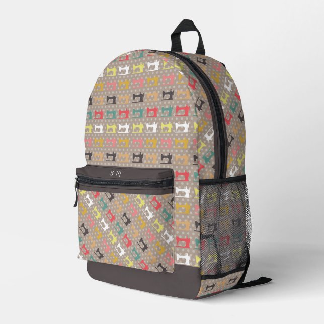 Love Sewing Brown Printed Backpack (Back Corner Right)