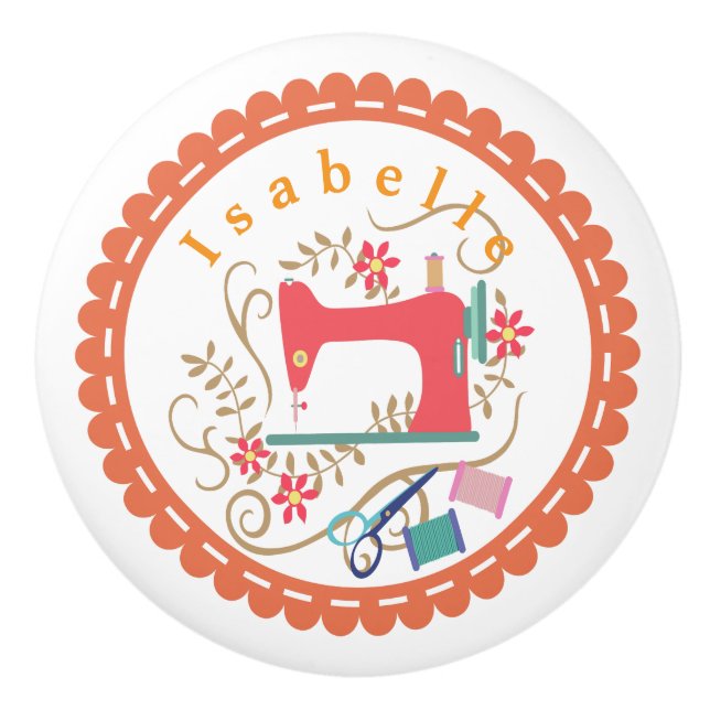 Love Sewing Machine White Orange Ceramic Knob (Front)