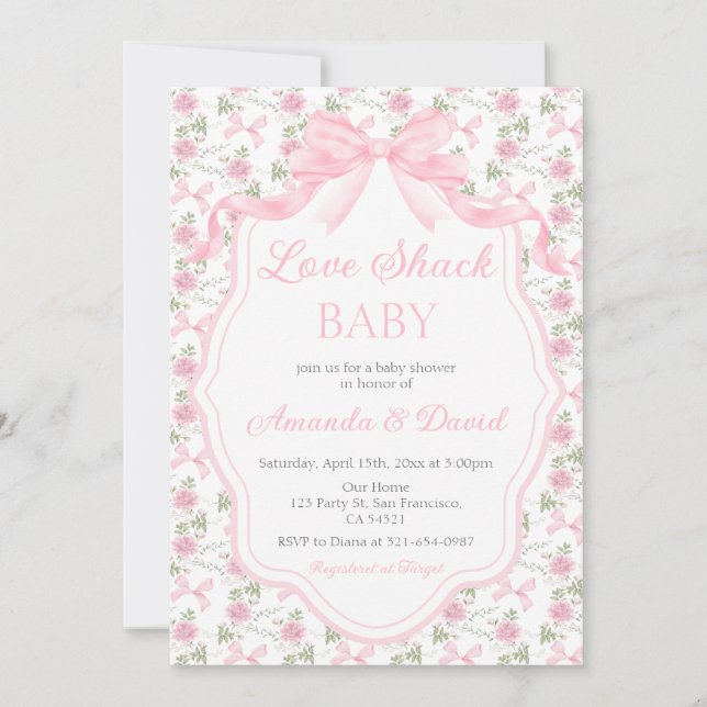  Love Shack Baby Pink Bow Baby Shower Girl Invitation (Front)
