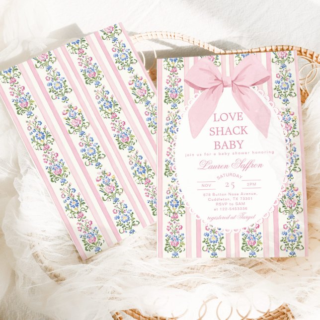 Love Shack Baby Pink Bow Floral Baby Shower Invitation (Creator Uploaded)