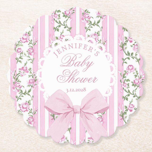 Love Shack Coquette Blush Pink Bow Baby Shower Paper Coaster (Front)