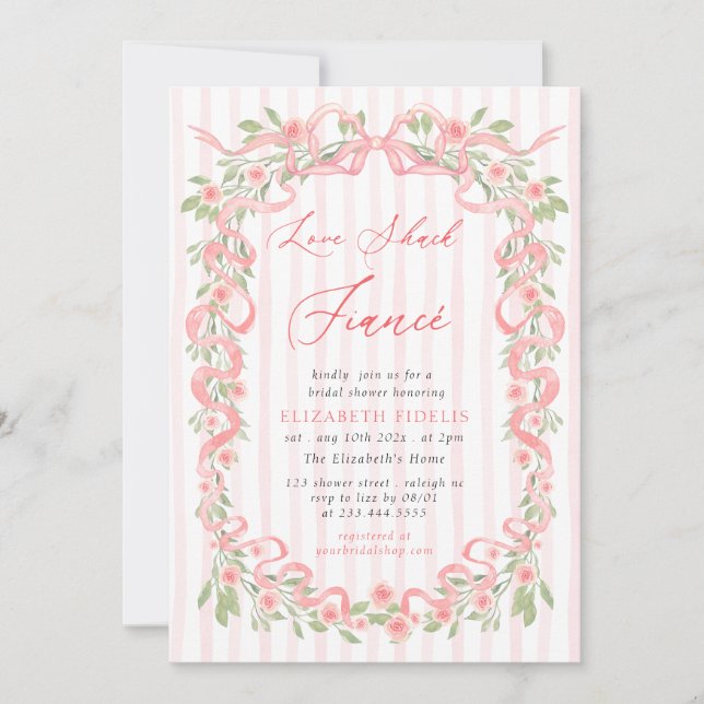 Love Shack Fiance Pink Bow Floral Bridal Shower Invitation (Front)