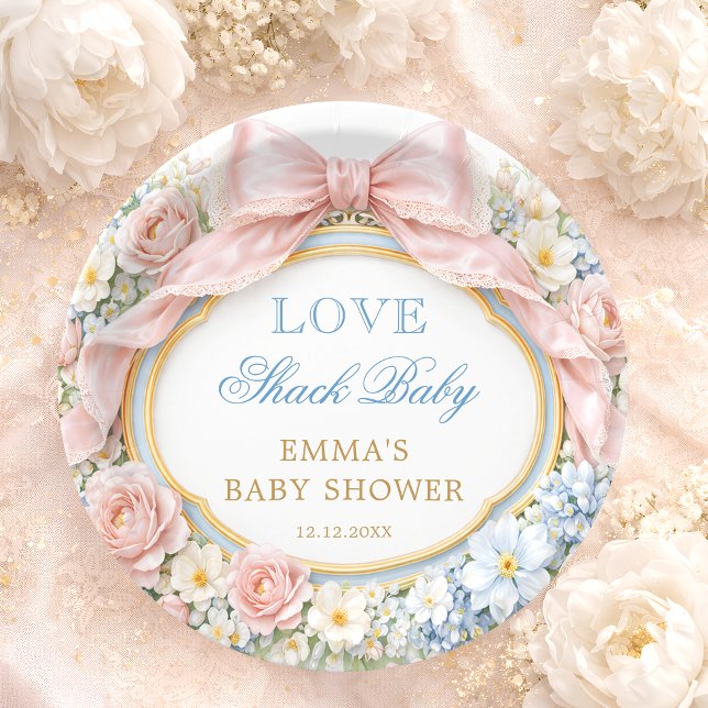 Love Shack Floral Pink Bow Girl Baby Shower Paper Plate (Creator Uploaded)