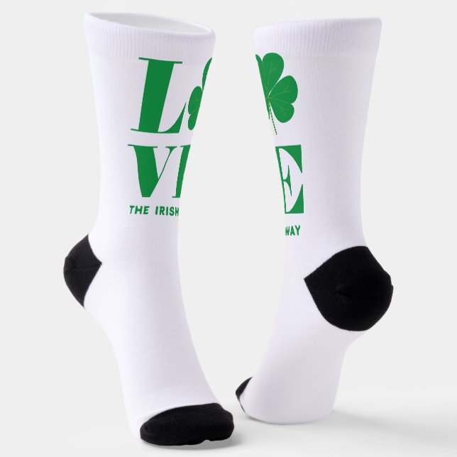 Love Shamrock Clover Irish Custom Text Green White Socks (Angled)