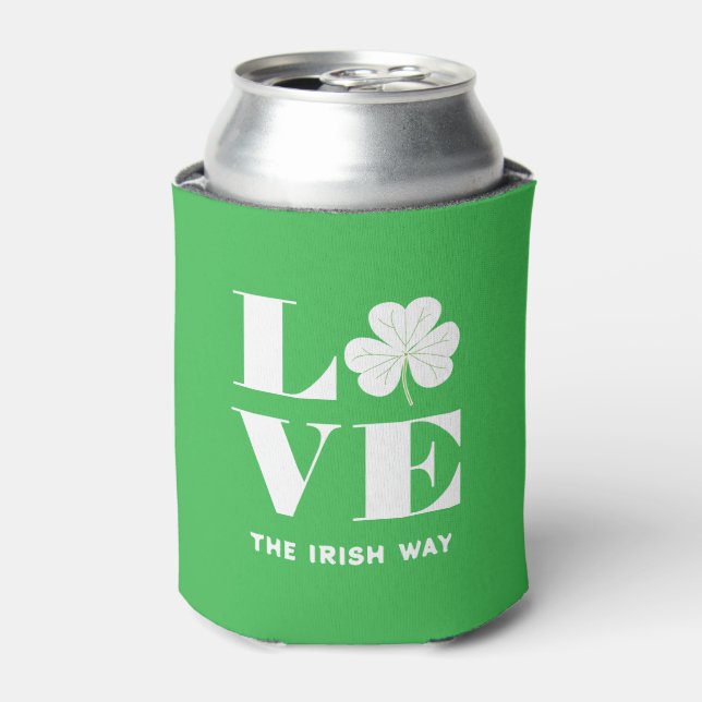 Love Shamrock Clover Irish Green White Custom Text Can Cooler (Can Front)
