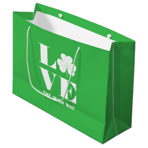 Love Shamrock Clover Irish Green White Custom Text Large Gift Bag