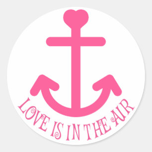 Love Ship Anchor Pink & White Nautical Wedding Classic Round Sticker