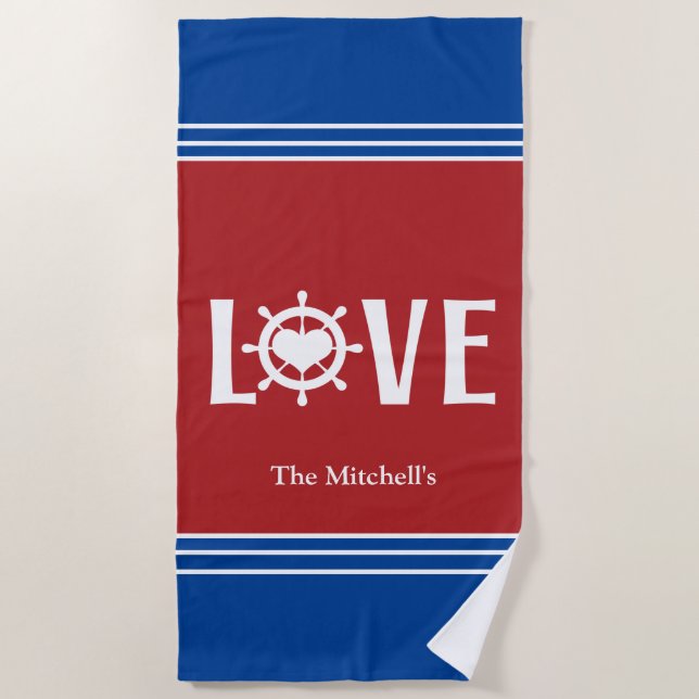 LOVE Ship Wheel Heart Beach Towel (Front)