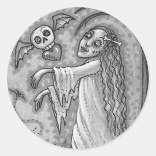 LOVE SICK GIRL ZOMBIE FOLLOWING HER HEART, WHIMSY CLASSIC ROUND STICKER
