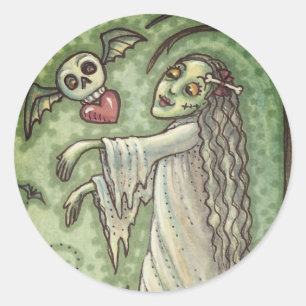 LOVE SICK GIRL ZOMBIE FOLLOWING HER HEART, WHIMSY CLASSIC ROUND STICKER