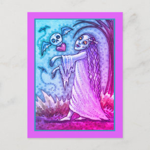 LOVE SICK GIRL ZOMBIE FOLLOWING HER HEART, WHIMSY HOLIDAY POSTCARD