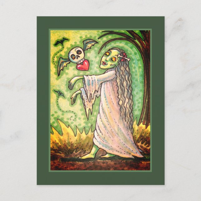 LOVE SICK GIRL ZOMBIE FOLLOWING HER HEART, WHIMSY HOLIDAY POSTCARD (Front)