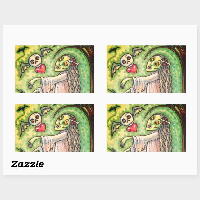 LOVE SICK GIRL ZOMBIE FOLLOWING HER HEART, WHIMSY RECTANGULAR STICKER (Sheet)