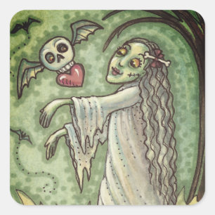 LOVE SICK GIRL ZOMBIE FOLLOWING HER HEART, WHIMSY SQUARE STICKER