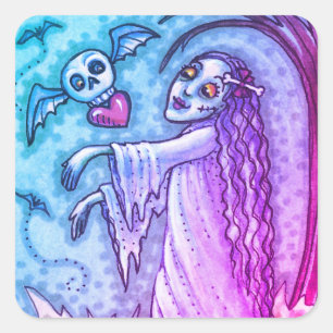 LOVE SICK GIRL ZOMBIE FOLLOWING HER HEART, WHIMSY SQUARE STICKER