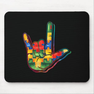 Love Sign Language Autism Awareness Support Puzzle Mouse Pad