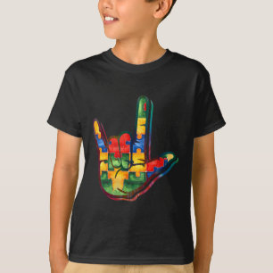 Love Sign Language Autism Awareness Support Puzzle T-Shirt