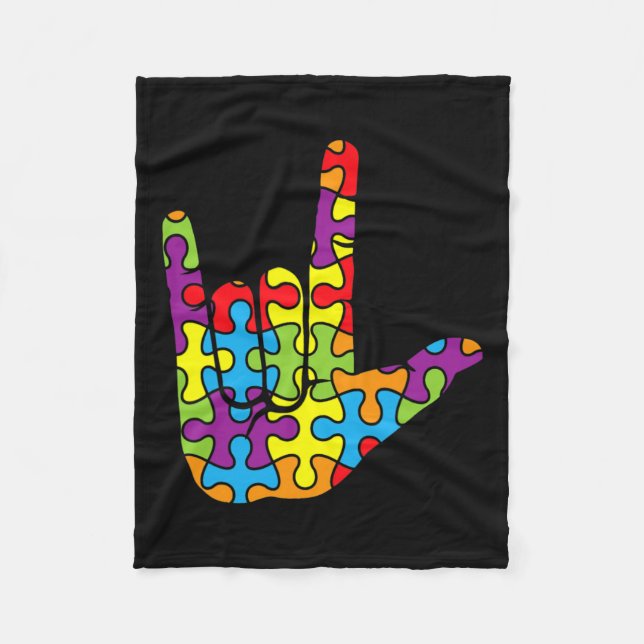 Love Sign Language Autistic Puzzle Autism Awarenes Fleece Blanket (Front)