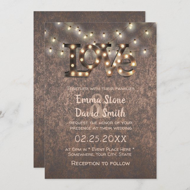 Love Sign String Lights Copper Industrial Wedding Invitation (Front/Back)