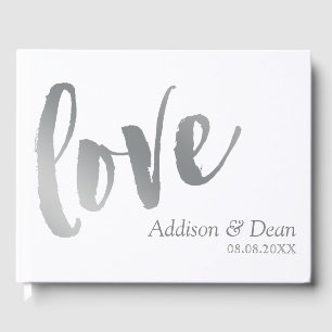 Love   Silver Brush Script Wedding Guest Book