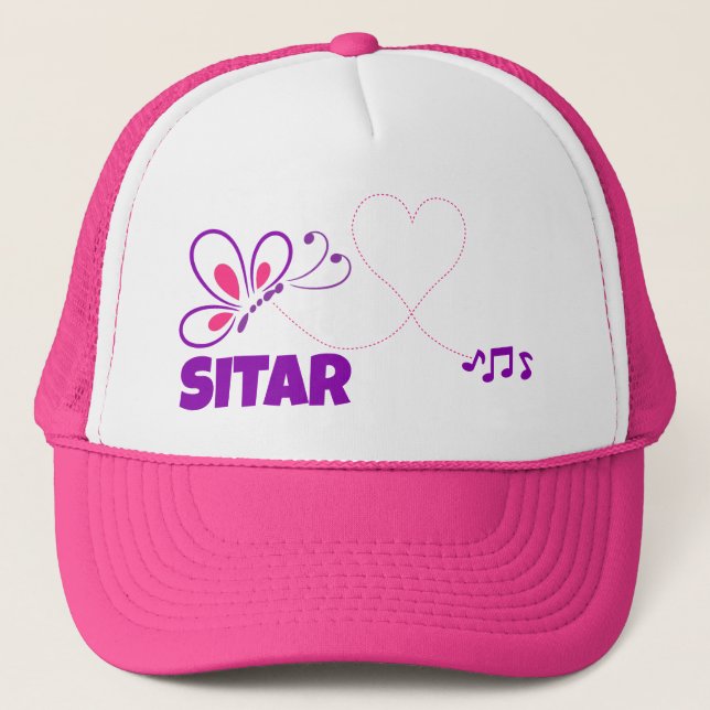 Love Sitar Pink Purple Butterfly Heart Trucker Hat (Front)