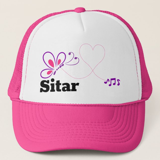 Love Sitar Pink Purple Butterfly Heart Trucker Hat (Front)