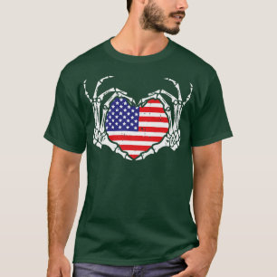 Love Skeleton Hand Heart US American Flag Independ T-Shirt