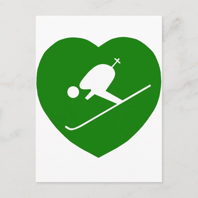 Love Skiing Green Heart Postcard (Front)