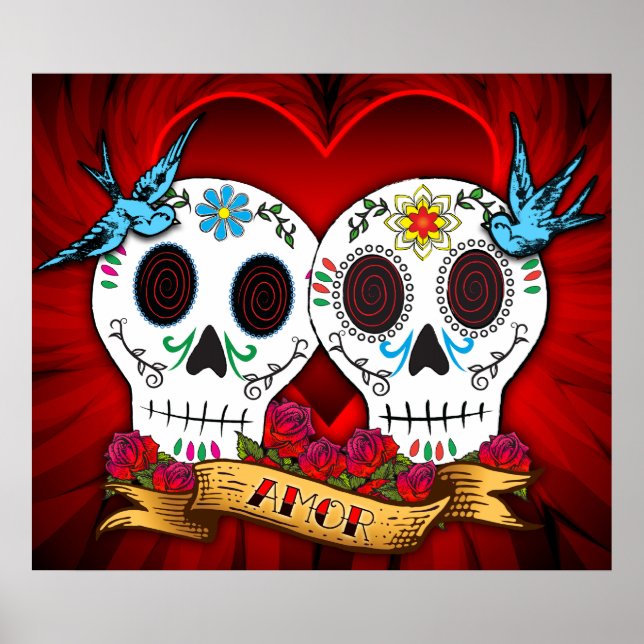 Love Skulls with Bluebirds Poster/Print Poster (Front)