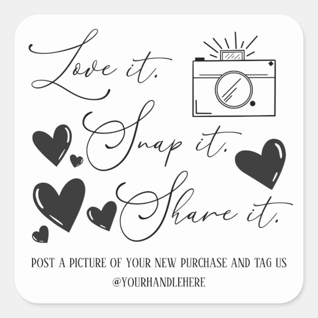 Love Snap Share Camera Hearts Script Etsy Business Square Sticker (Front)