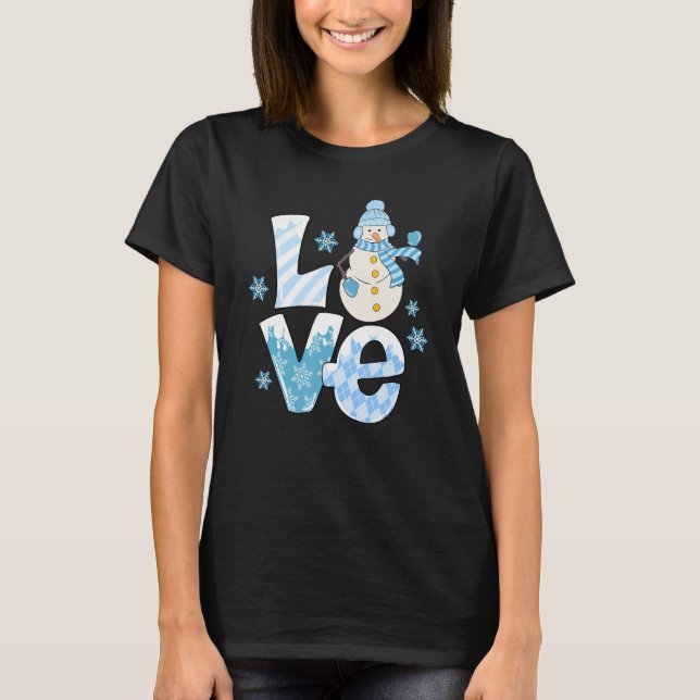 Love Snowman Blue Plaid Snowflakes Winter Outfit M T-Shirt (Front)