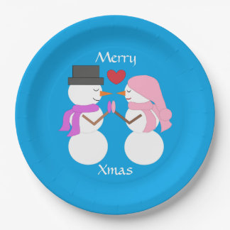 Love & Snowpeople Blue-green: Merry Xmas Party Paper Plate