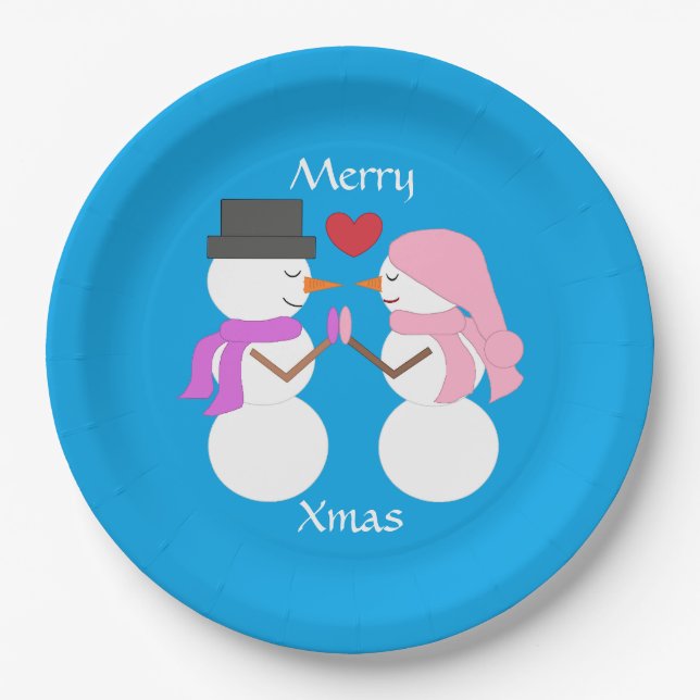 Love & Snowpeople Blue-green:  Merry Xmas Party Paper Plate (Front)