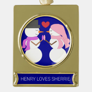 Love & Snowpeople - Dark Blue: Gold Plated Banner Ornament