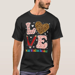Love Social Studies Teacher Leopard Plaid Valentin T-Shirt