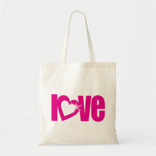 "love" sparkle pink graphic text tote bag