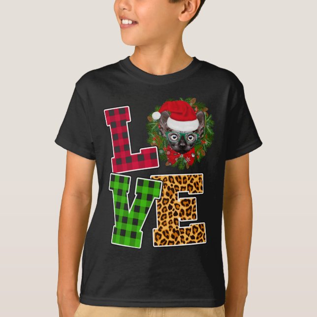 Love Sphynx Cat Santa Hat Leopard Funny Christmas  T-Shirt (Front)