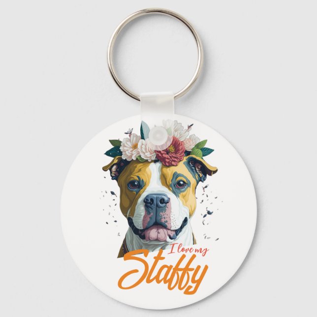 Love Staffordshire Bull Terrier - I Love My Staffy Key Ring (Front)